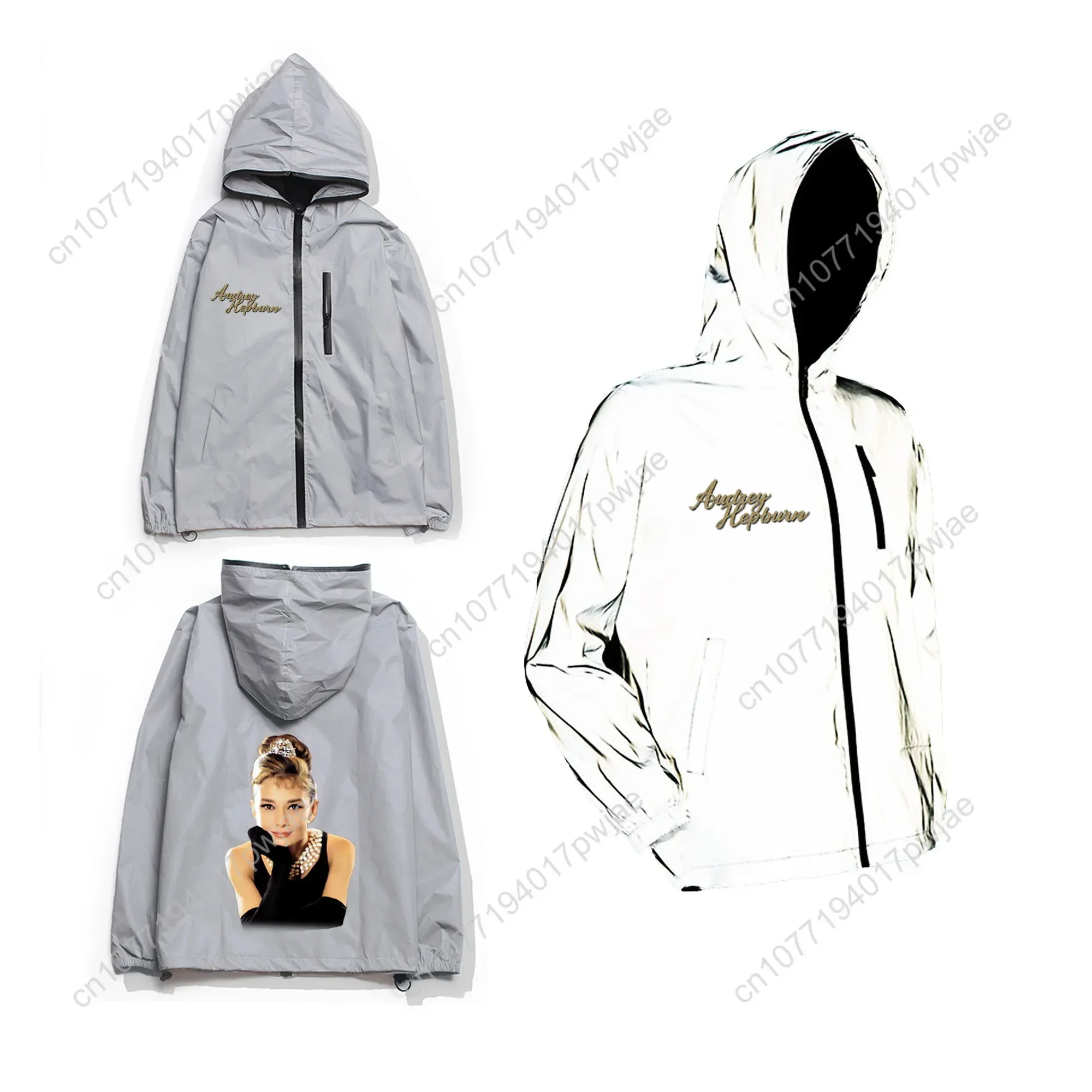 Audrey Hepburn Reflective Jacket Mens Womens Coat Hooded Windbreaker Run Pocket Jackets Hiking Zipper Customized Hoodie