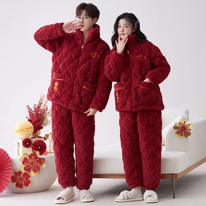 Newest Couple Pajamas Set Women Men Thick 3 Layers Pijama Winter knited Cotton Quilted Pyjamas