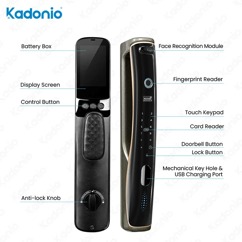 Kadonio Tuya APP WiFi Outdoor 3D Face Recognition Deadbolt Smart Door Lock With Camera Fingerprint Door Bell