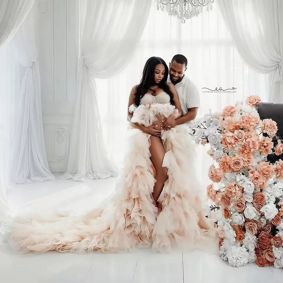 Vestidos de maternidad de tul en capas de lujo, Vestidos para sesión de fotos, vestido de maternidad con abertura frontal de tren largo, Baby shower