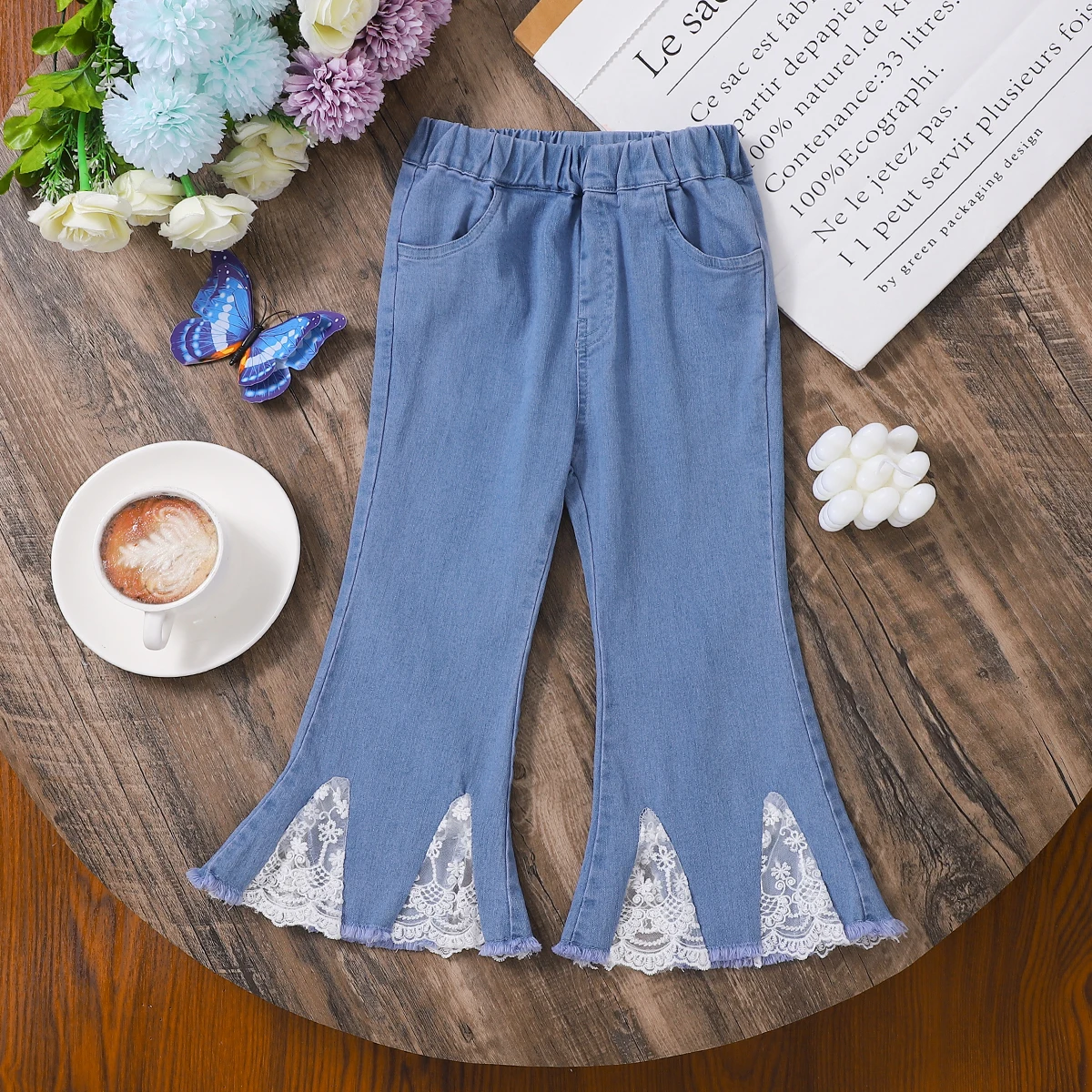 Lässige blaue Spitze-elastische Schlaghose für Mädchen, modische Kinderhose mit elastischem Bund für Kinder