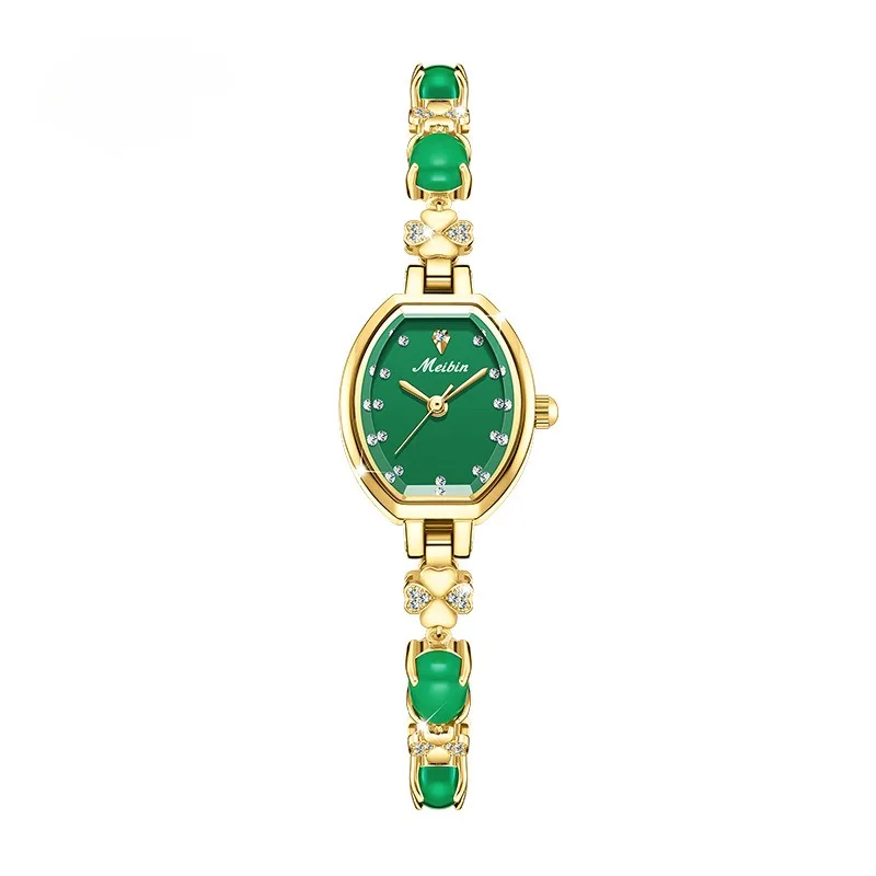 Women\'s Luxury Watch Exquisite Inlaid Green Jade Lady Quartz Watch Fashion 3 Bar Waterproof Dial Chain Strap Relojes Para Mujer