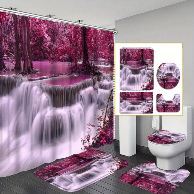 4pcs Purple Forests and Waterfalls Shower Curtain Gift Modern Home Bathroom Decoration Curtain and Toilet Floor Mat 3-piece
