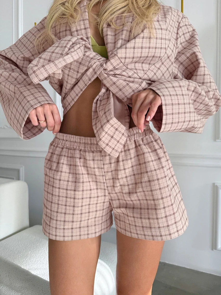 

Marthaqiqi Plaid Women Sleepwear 2 Piece Set Long Sleeve Nightgowns Turn-Down Collar Nightwear Shorts Causal Ladies Pajamas Suit