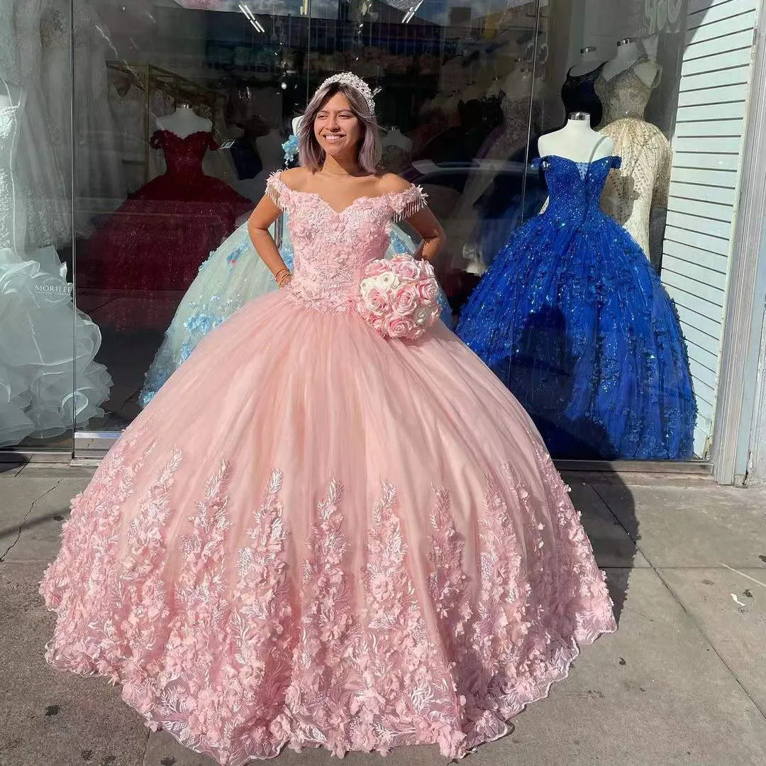 Gaun Quinceanera Merah Muda Baru Mewah Applique Manik-manik Berpayet 3D Bunga Lengan Pendek Gaun Pesta Kekasih Vestidos De Fiesta