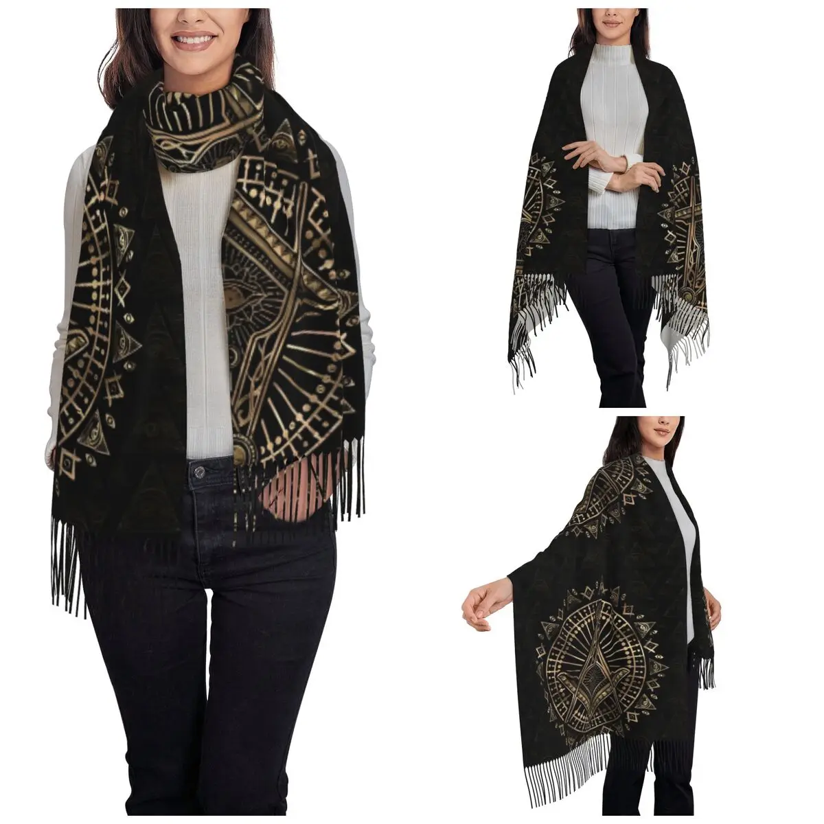 Womens Scarf with Tassel Freemasonry Symbol Square And Masonic Compasses Long Super Soft Shawl Wrap Gifts Pashmina Scarves