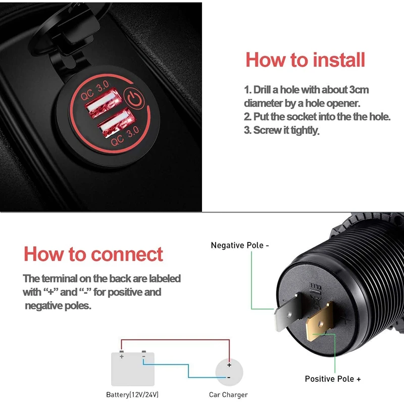 QC مقبس شاحن USB مزدوج ، منفذ مقاوم للماء مع مفتاح لمس للسيارة ، البحرية ، القارب ، RV ، الدراجة النارية ، 12 فولت ، 24 فولت