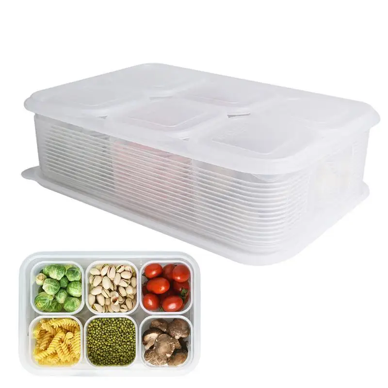 Divided Veggie Tray With Lid 6 Compartment Snackle Box Charcuterie Container Refrigerator Organizer Bins Clear Serving Platter