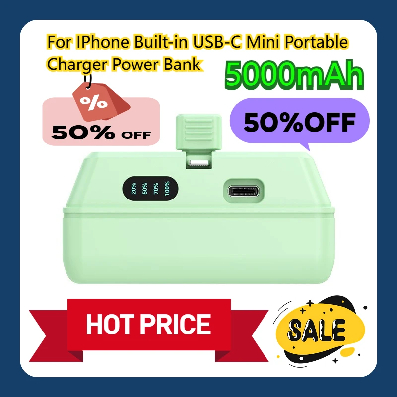 

For IPhone 5000mAh Built-in USB-C Mini Portable Charger Power Bank