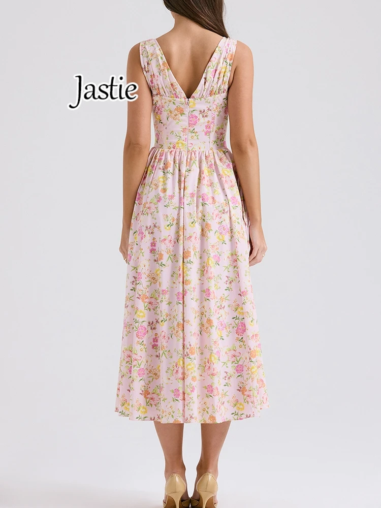 Jastie Deep V Neck Women Sexy Dresses 2024 Fashion Summer Sleeveless Floral Print Pink Party Long Dress Boho Casual Beach Dress