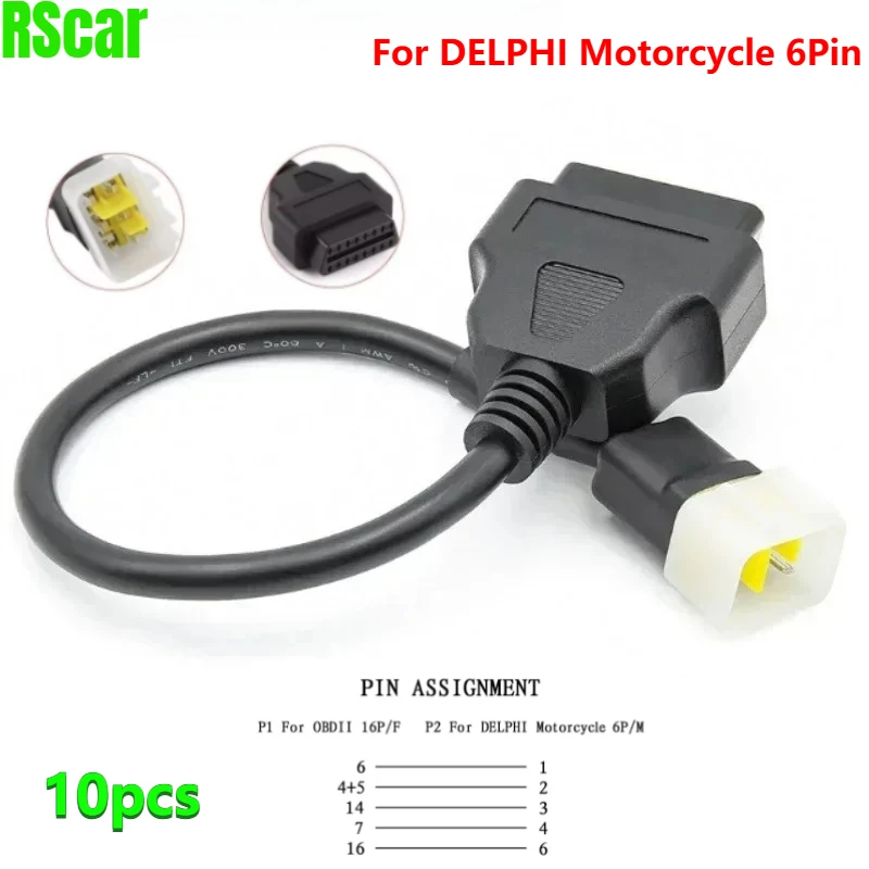 10pcs/set Motorcycle Obd2 Diagnostic Cable Adapter Cord Pin for Delphi Test Line Obd To 6 Pin for Delphi Motorcycle Cable Line