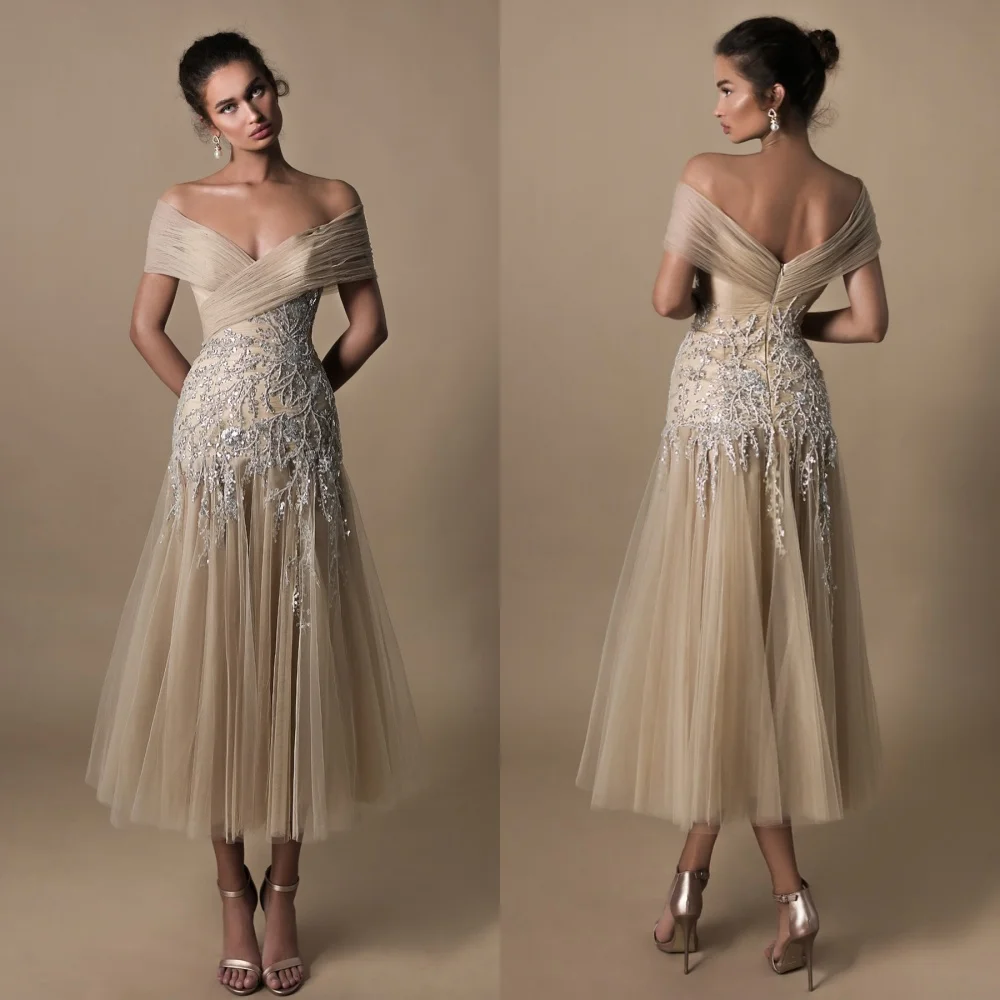 

Customized Tulle Sequined Pattern Trumpet Off-the-shoulder Midi Dresses Quinceanera Formal Intricate