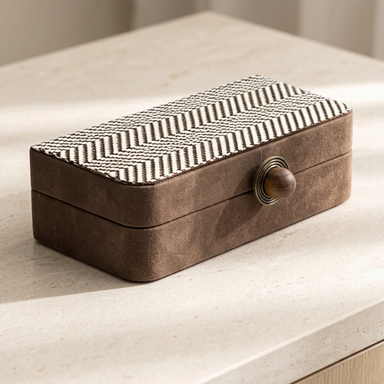 Tissue Box with Wooden Knob Striped Desktop Storage Box Desk Organizer Retro-Style Compact for Vanity, Bedside Table