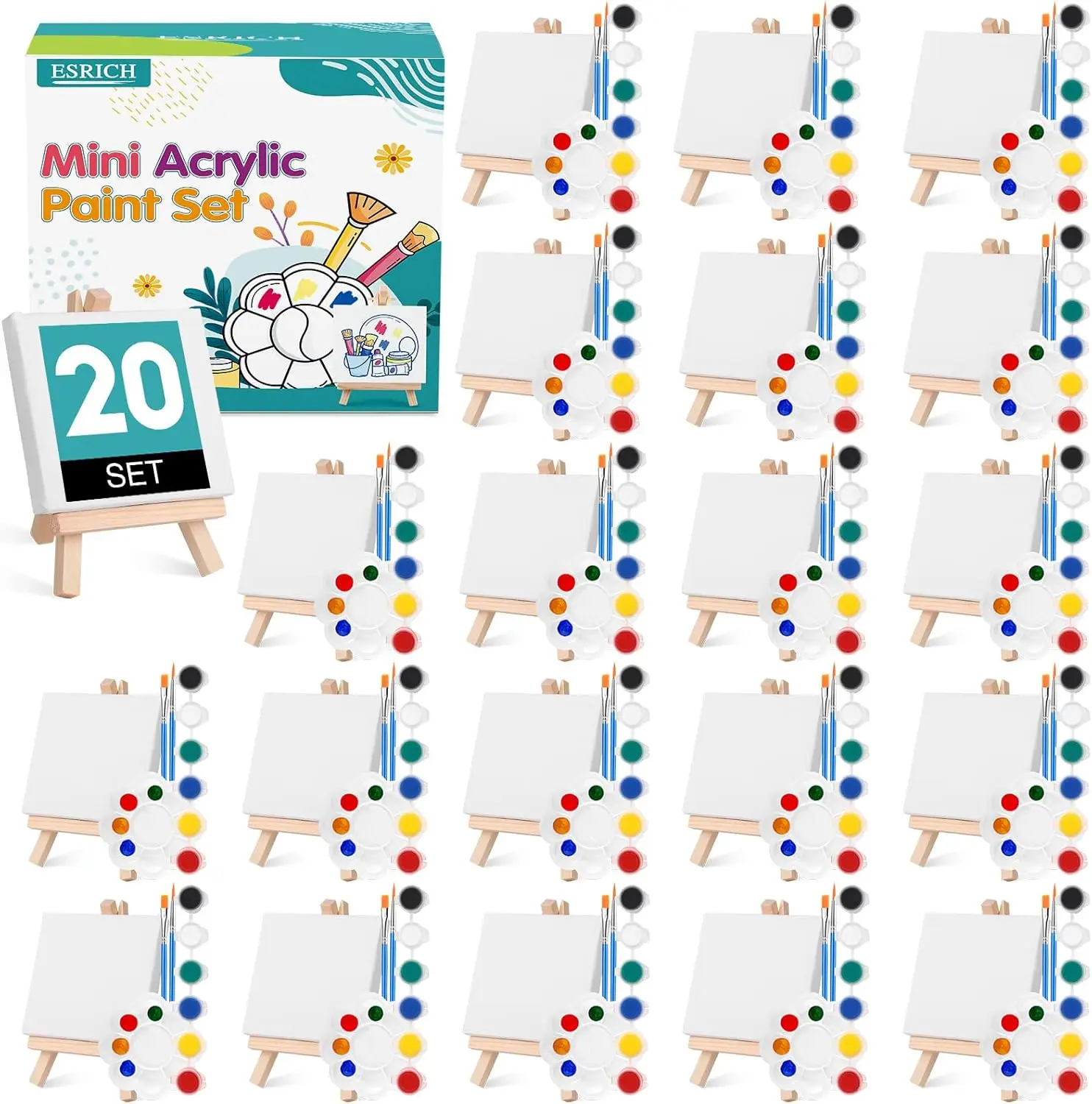 

Mini Canvas Painting Kit 20 Set, Acrylic Paint Set with Easels, Non-Toxic Art Supplies for Kids Adults Painting Party