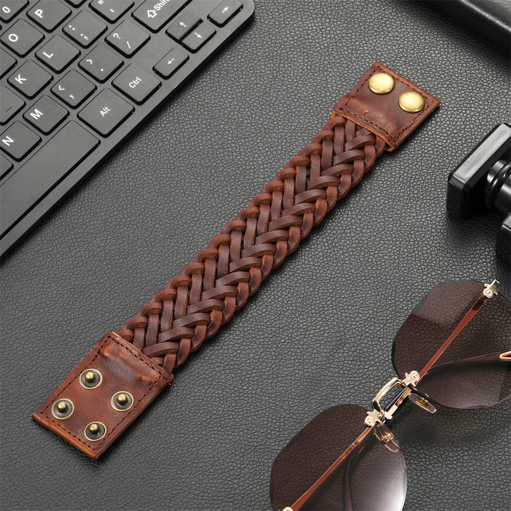 2024 Trend Jewelry Handmade Weave Genuine Leather Bracelet Men Vintage Cuff Wide Leather Bracelet Pulsera Hombre