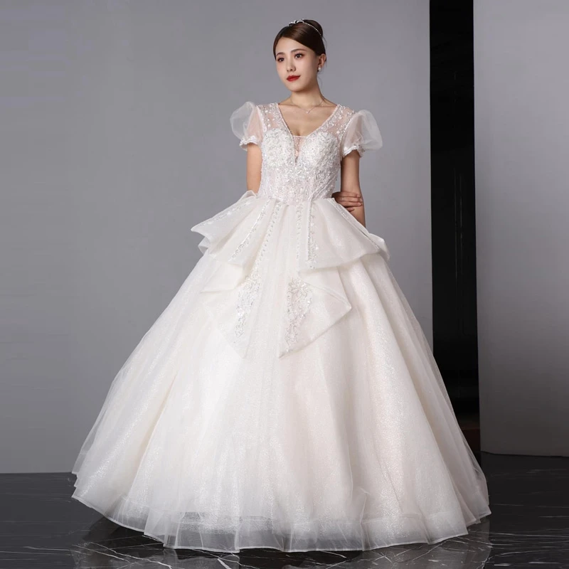 

A-Line Corset Shiny Tulle Prom Wedding Dress Puffy Sleeve Formal Occasion Gowns Lace Appliques Sequins Beads Long Bridal Dresses