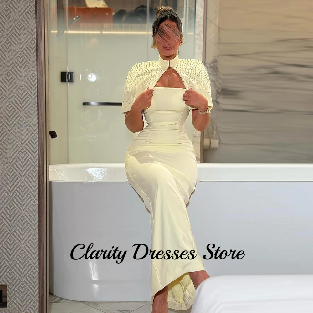 Yellow Soft Jersey Prom Gowns 2025  Luxury Crystal Strapless Homecoming Dresses Customized Back Slit Evening Dress with Shawl