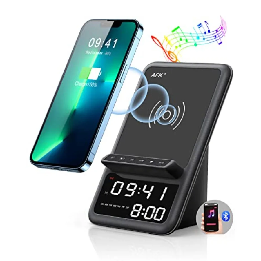 

Wireless Charging Station with Bluetooth Speaker and Alarm Clock, Wireless Charger Compatible with iPhone, Android Phones