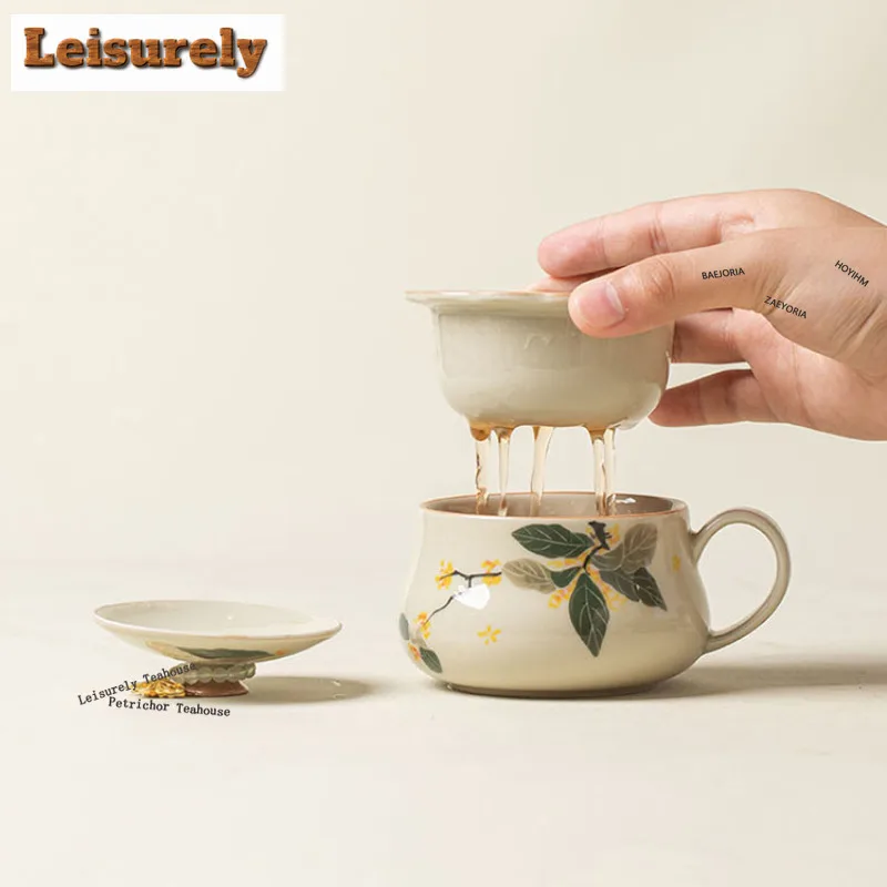 hoyihm-240ml-氷のような透明感のあるテーブル用、手描きの藤の花模様が施された茶こし付きティーカップ。クリエイティブなデザインで、オフィスや家庭での使用に最適。
