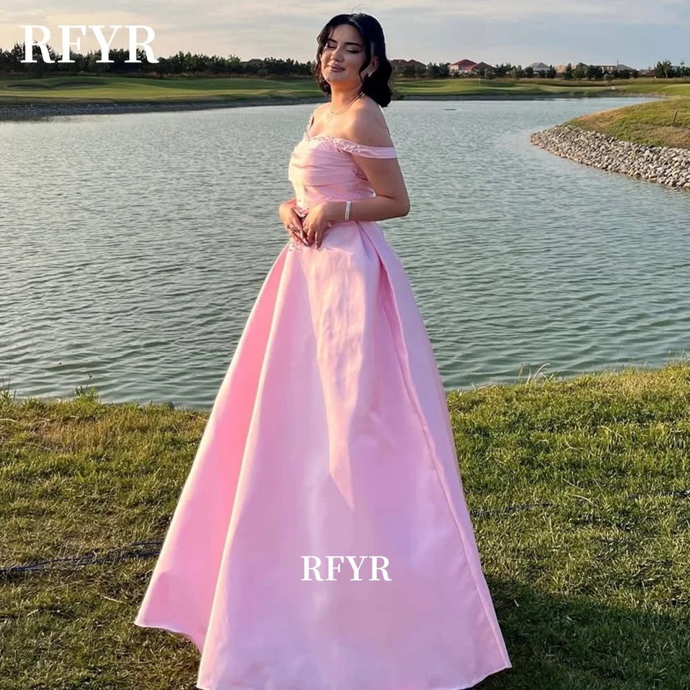 

RFYR A Line Prom Dress Satin Party Dress with Pearls Evening Dress Off Shoulder Celebrity Dress for Women Customized