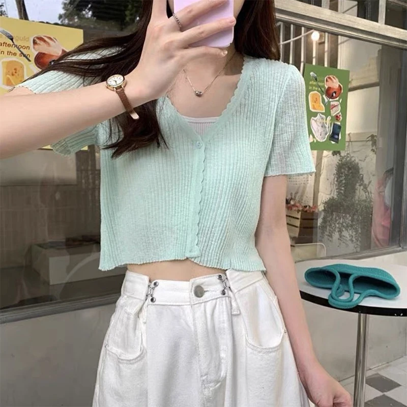 Summer Korean Women's Solid Color V-neck Short Sleeve Knitted Sunscreen Cardigan