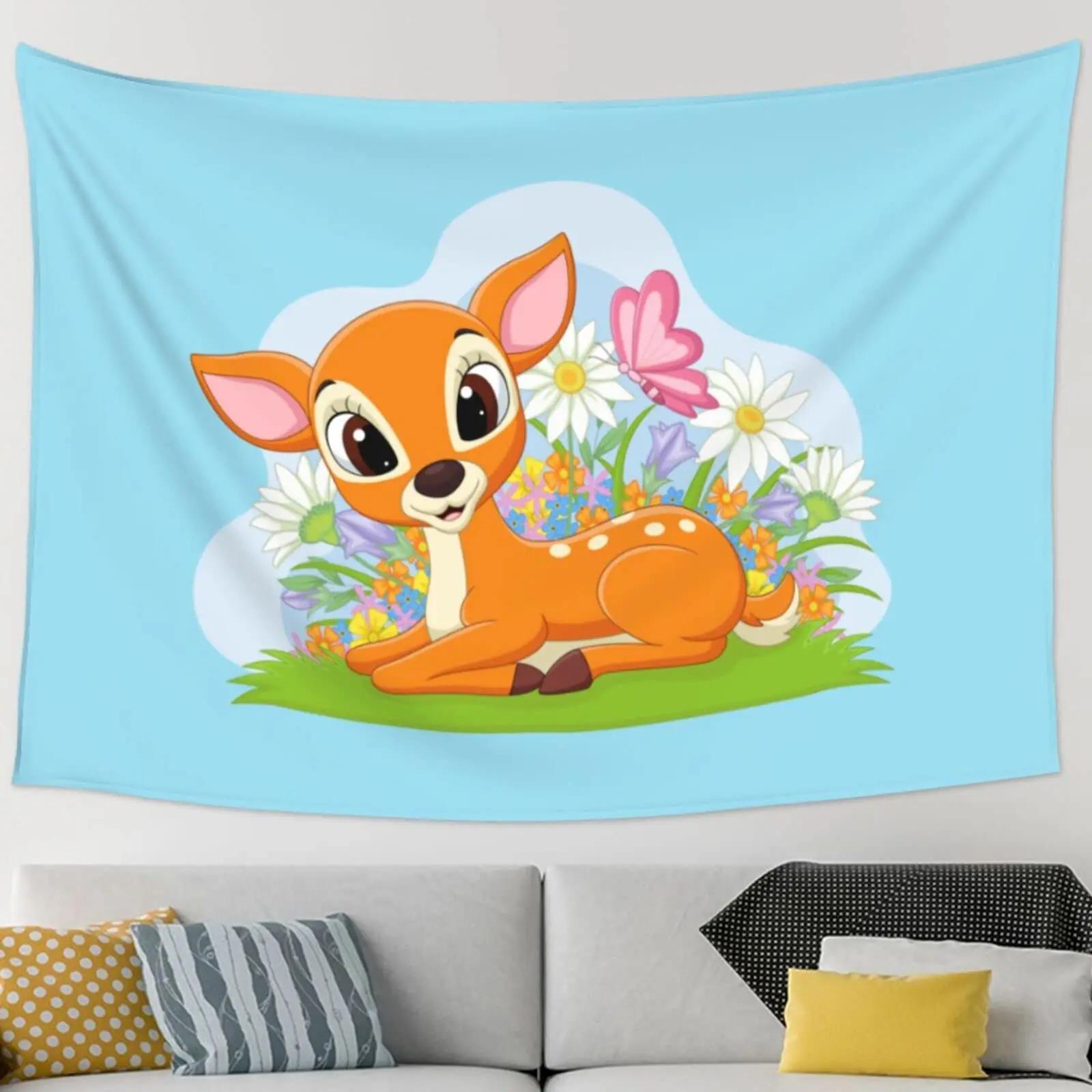 Cartoon Deer Sitting on The Grass Tapestry for Kids Boys Girls Bedroom Cute Animals Tapestry Wall Hanging Decor for Living Room