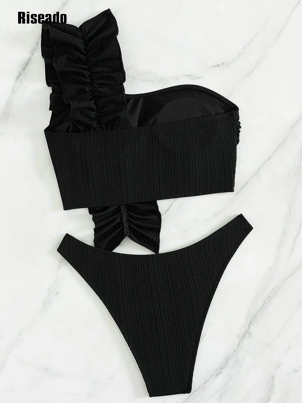 ผู้หญิงหนึ่งไหล่ Ruffle ชุดบิกินี่ 2 ชิ้น Ruched ชุดว่ายน้ํา Elegant ชุดว่ายน้ําสีดํา
