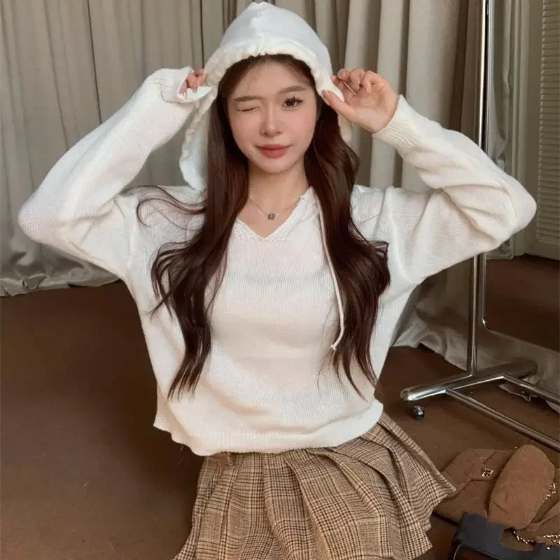 

Fashion Women Sweaters Autumn Solid Hooded Pullover Women's Casual Loose Lapel Knitwear Women Pulovers Simplicity Pink Sweater
