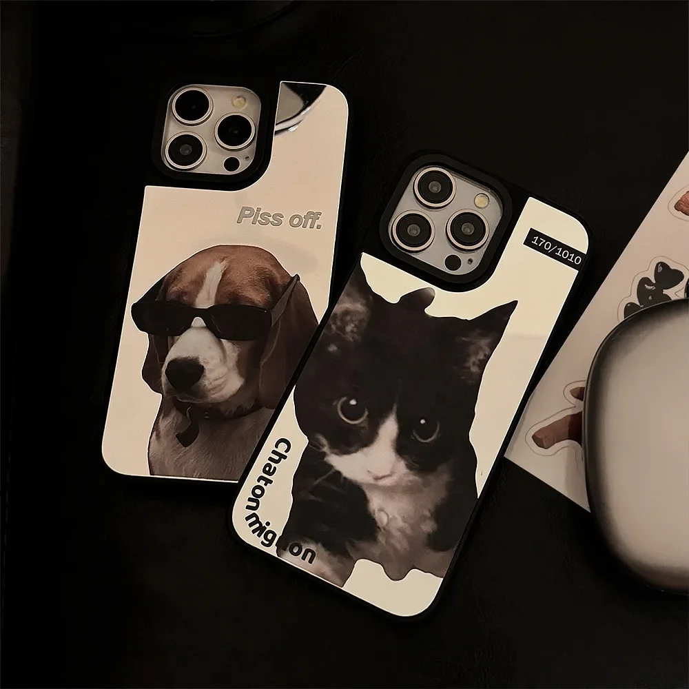 Funny mirror Black Cat kitten Sunglasses Labrador dog Phone Case For iPhone 15 14 13 Pro Max Case Cute Shockproof cartoon Cover