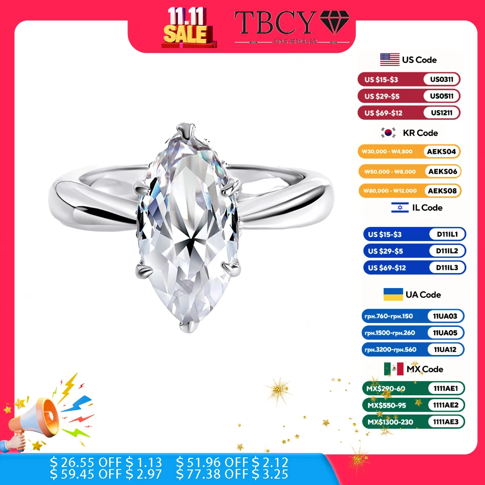 

TBCYD 3CT Marquise Cut Moissanite Ring 7*14mm Diamond Engagement Rings For Women 925 Sterling Silver Wedding Party Fine Jewelry