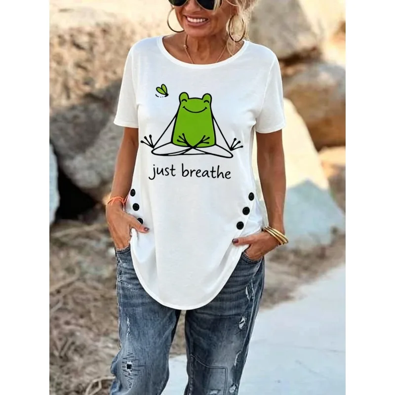 ilstile Women's Just Breathe Frog Print T Shirt Summer Holiday Short Sleeve Casual Loose T-Shirts Round Neck Tops Tees