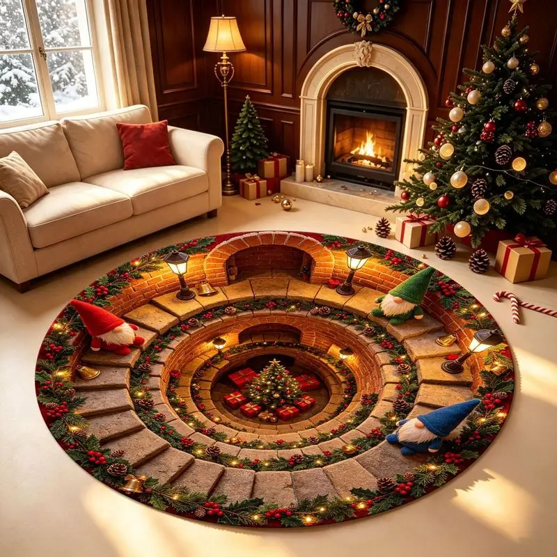 VIKAMA Circular Christmas Carpet Visual Spiral Steps Christmas Dwarf Floor Mat Living Room Festival Home Christmas Decoration