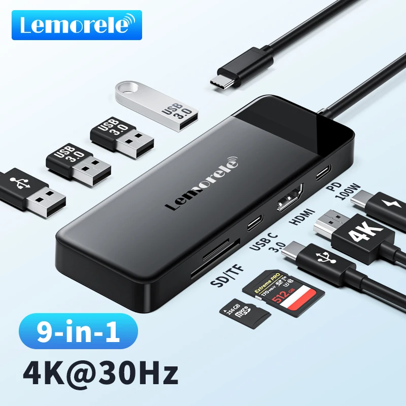 

Док-станция Lemorele с 9 портами USB Type-C, 4K, 30 Гц, HDMI, 100 Вт