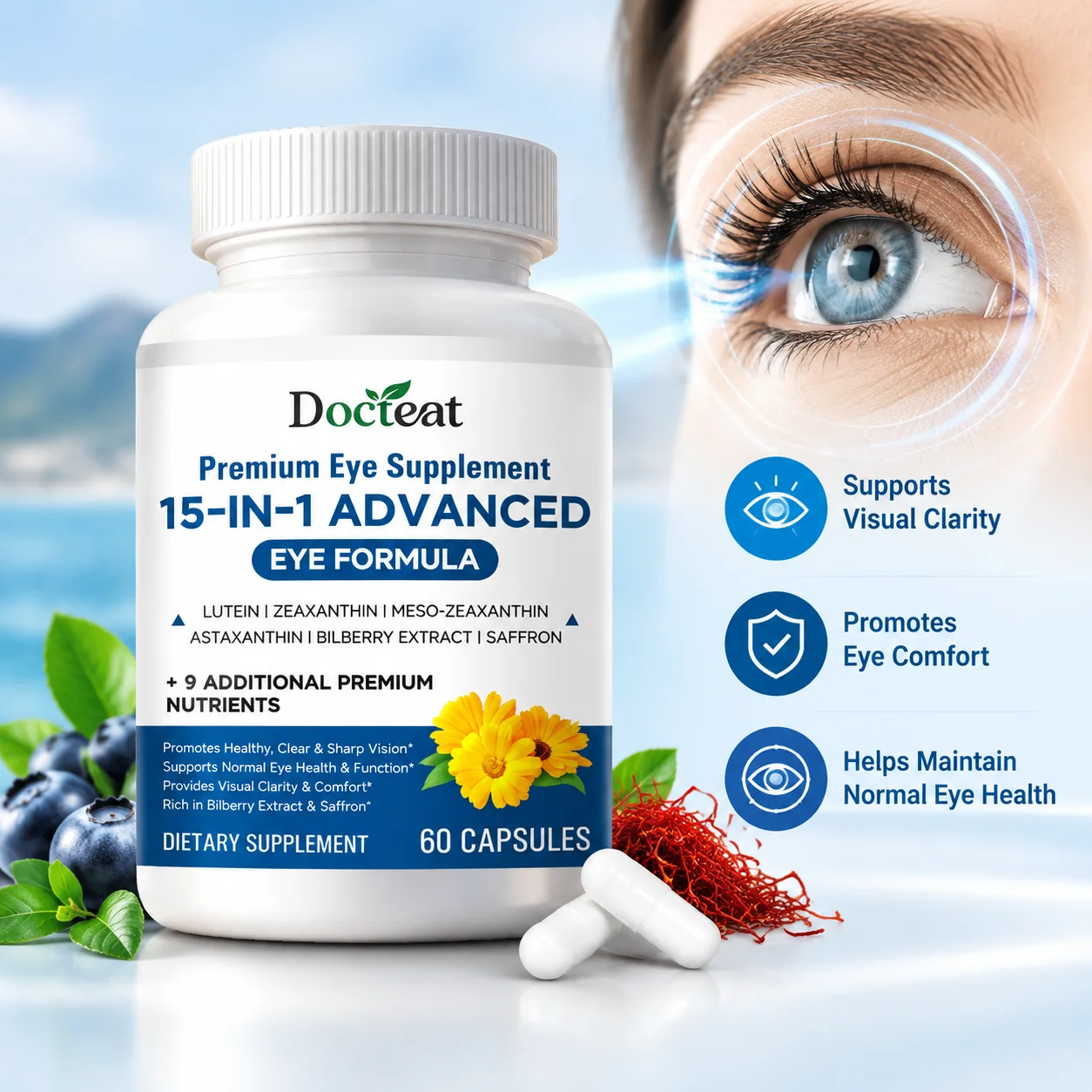 15-in-1 Eye Formula Capsules,Supports Visual Clarity & Eye Comfort,Lutein, Zeaxanthin, Bilberry, SaffronAstaxanthin,60 Capsules