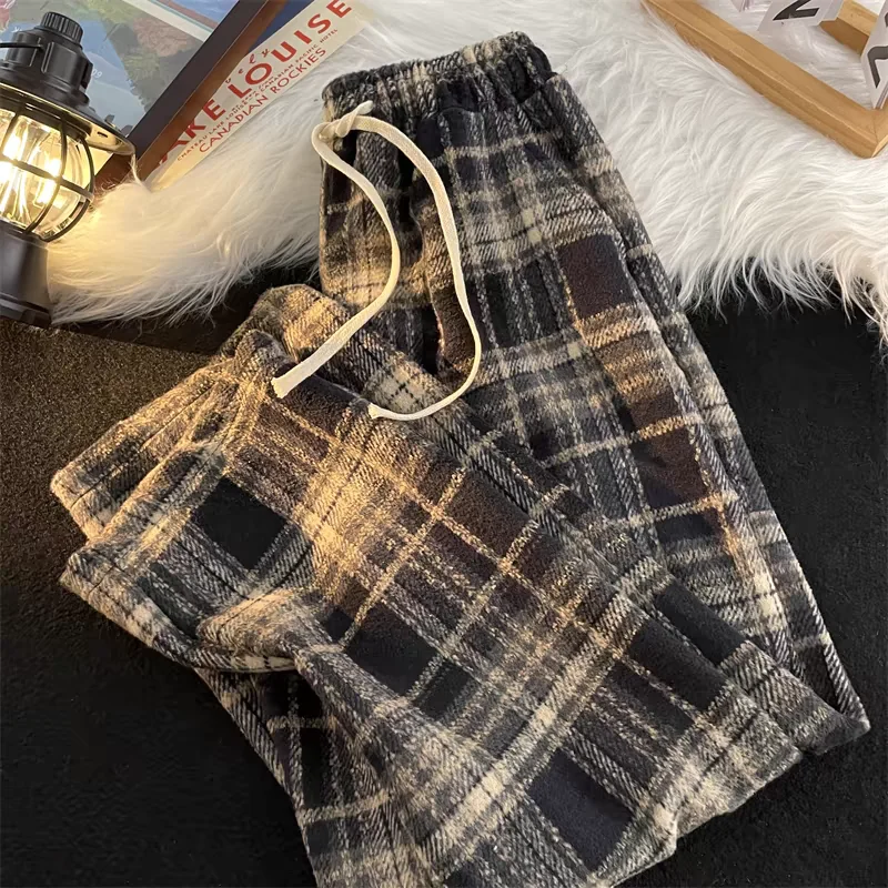 Karierte Damenhose, drapierter gerader Beinschnitt, lässig und geeignet für zierliche Figuren, Retro-Wollhose mit weitem Bein