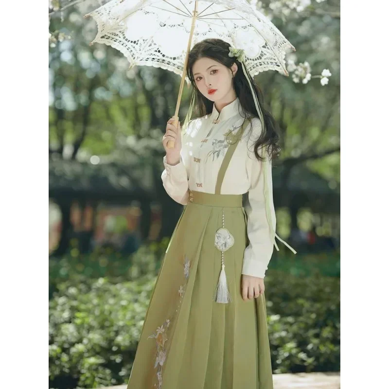 Women Ancient Chinese Costume White Stand Up Collar Long Sleeve Top Green Embroidered Skirt Modern Hanfu Girl Party Clothing