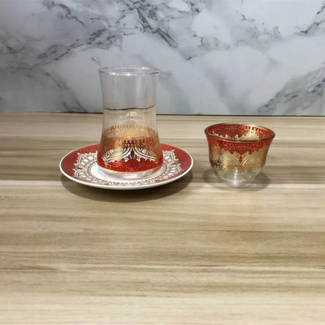 3pcs Turkish Tea Glasses Cups Set with Saucers Coffee Cup Romantic Glass Exotic Tea Cup Blue Gold Kitchen Decoration Drinking