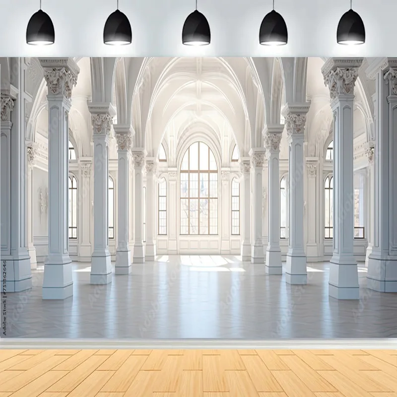 غرفة فاخرة واسعة أقواس الباروك أعمدة الخلفيات المدخل الروكوكو المنحوتات المعقدة خلفية صور الزفاف LK-01