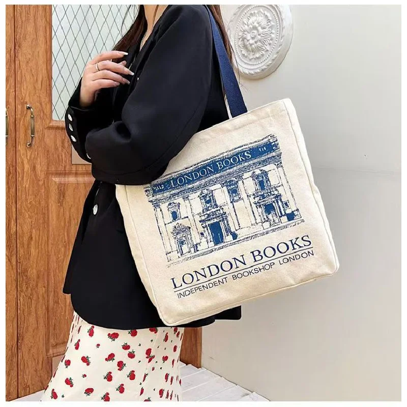 Borsa a tracolla in tela da donna libri di londra stampa borsa a mano casual da donna borsa da spiaggia riutilizzabile in cotone di grande capacità