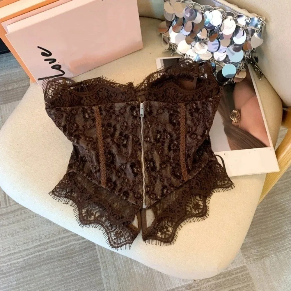 Tank Top Transparent Lace Camisole Slim fit Sleeveless Crop Tops Fishbone Suspender Vest Ladies