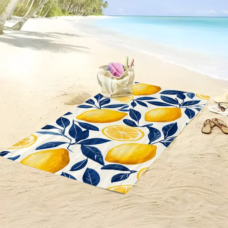 Lemon-patterned beach towel, made of polyester, machine washable, suitable for beach, travel, and camping - durable and portable