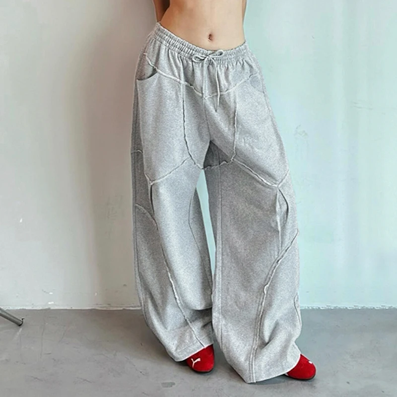 HEYounGIRL Stylish Chic Split Patchwork Women Baggy Pants Harajuku Korean Style Gray Loose Wide Leg Trousers Street Joggers