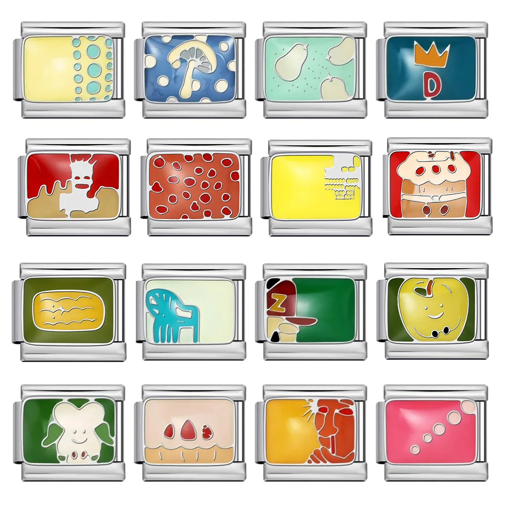 

Colorful Stainless Steel Welding Drip Oil DIY Link Italian Charm Module Bracelet Colorful Pattern Personalized Splicing Bracelet