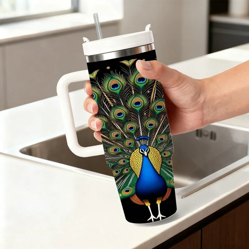 Vibrant Peacock Full Spread Tail Print 40Oz Stainless Steel Insulated Tumbler, Digital Print Design with Striking Blue Green Golden Plumage on Black Background, Reusable Drinkware for Daily Outdoor Commute And Office Use