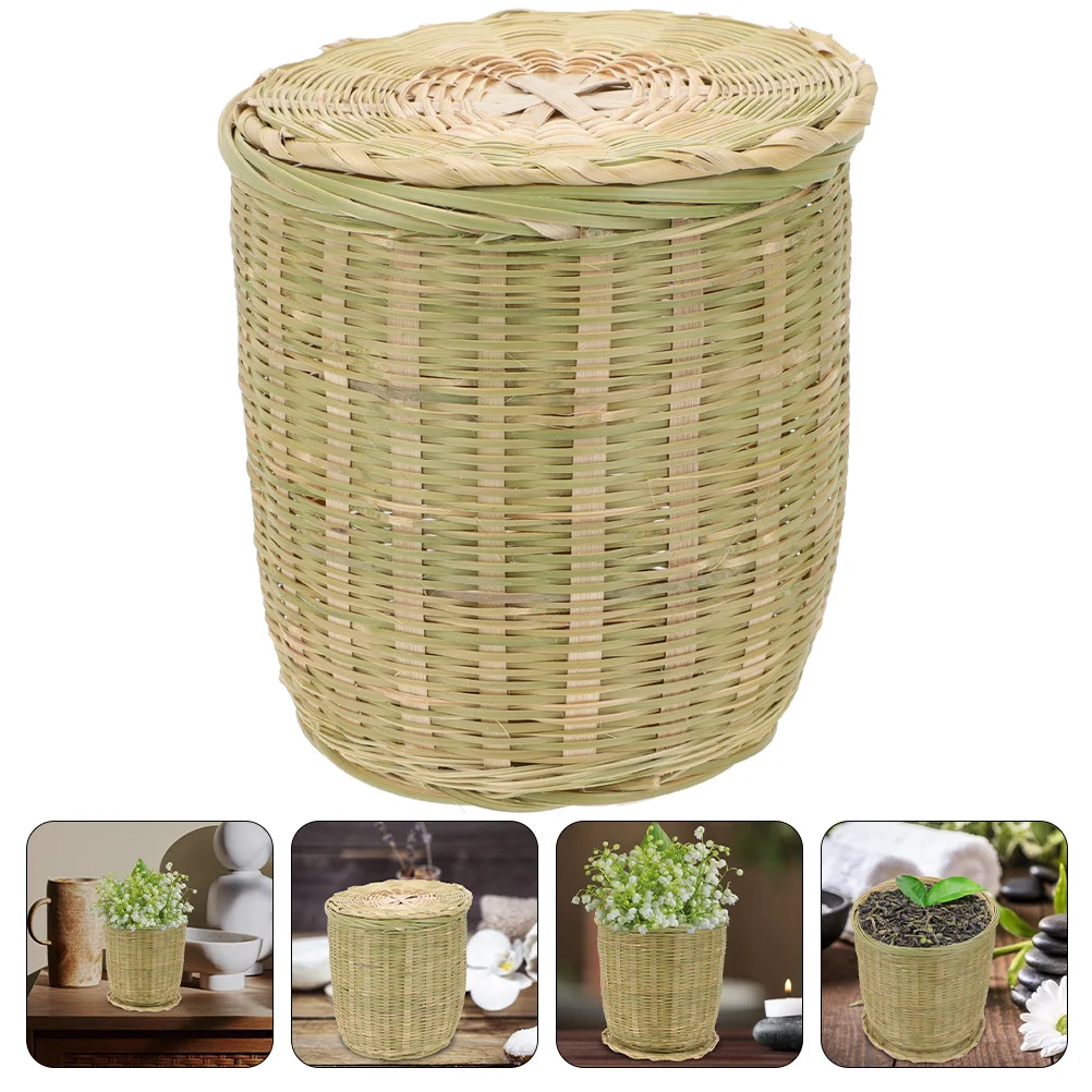 

Versatile Bamboo Woven Storage Basket With Lid Multi-Purpose Trash Sundries Organizer For Home Kitchen Living Room