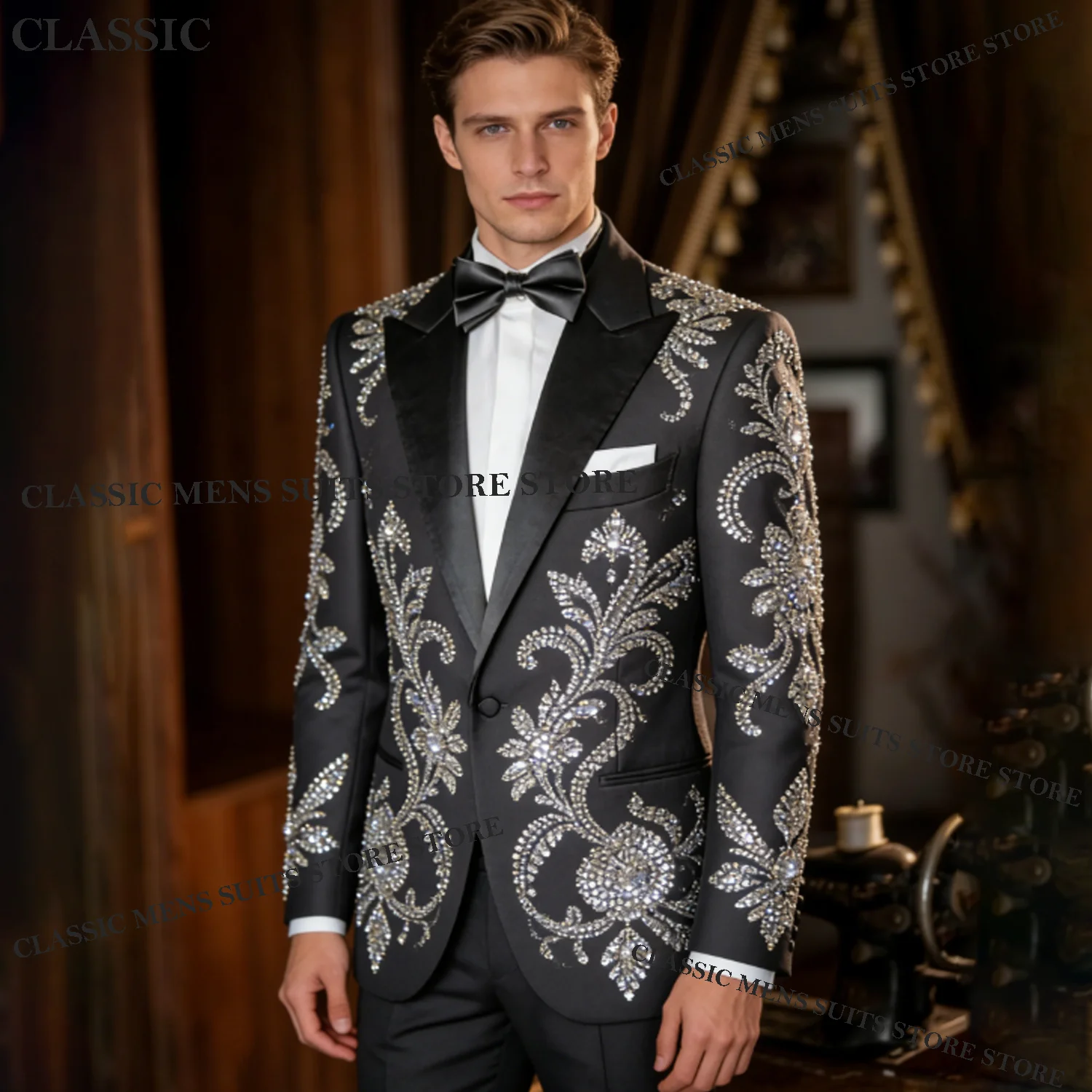 

Customized Crystal Sequins Men Suits Sparkly Rhinestone Diamond EveningTuxedos Slim Ropa hombre 2 Pieces Sets Groom Male Blazers