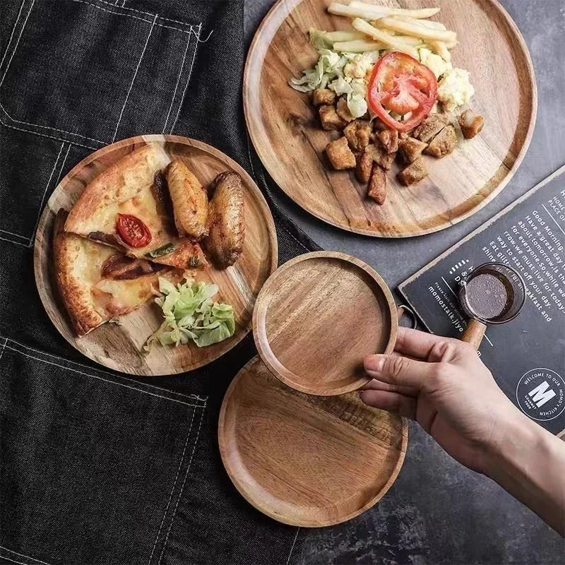 15/20/25cm Wooden Round Serving Platter Tray Retro Wood Pizza Salad Plate Fruit Dessert Tray Bread Cake Container Snacks Dish