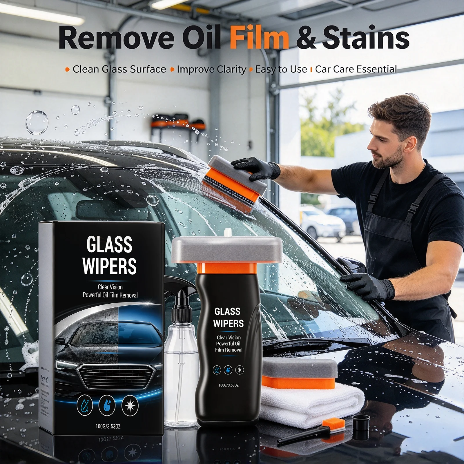 Car Glass Cleaning Gel Glass Oil Film Brush Removing Oil Film Anti Fog Clear Visibility Hydrophobic Car Windshield Glass Cleaner