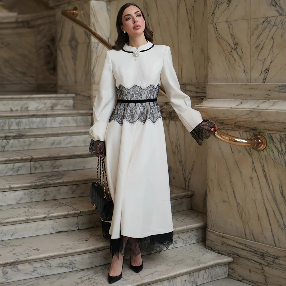 

Customized Modern Women's Formal Party Dresses Maxi Ankle Length Long Sleeves Party Gowns A Line O Neck Lace Wedding Guest Dress