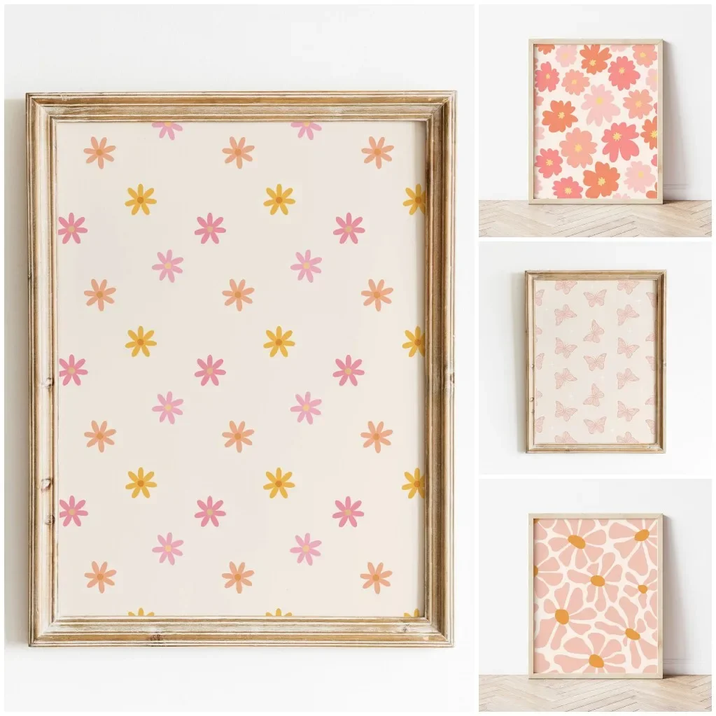 Pink Groovy Boho Spring Flowers Canvas Print Checkered Palms Butterfly Pattern Poster Decorations for Wall Art